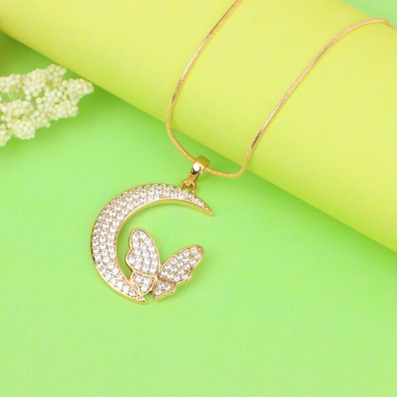 "Moon and Butterfly Rose Gold Pendant with Crystals, XPPT1219 - Picture 3 of 13